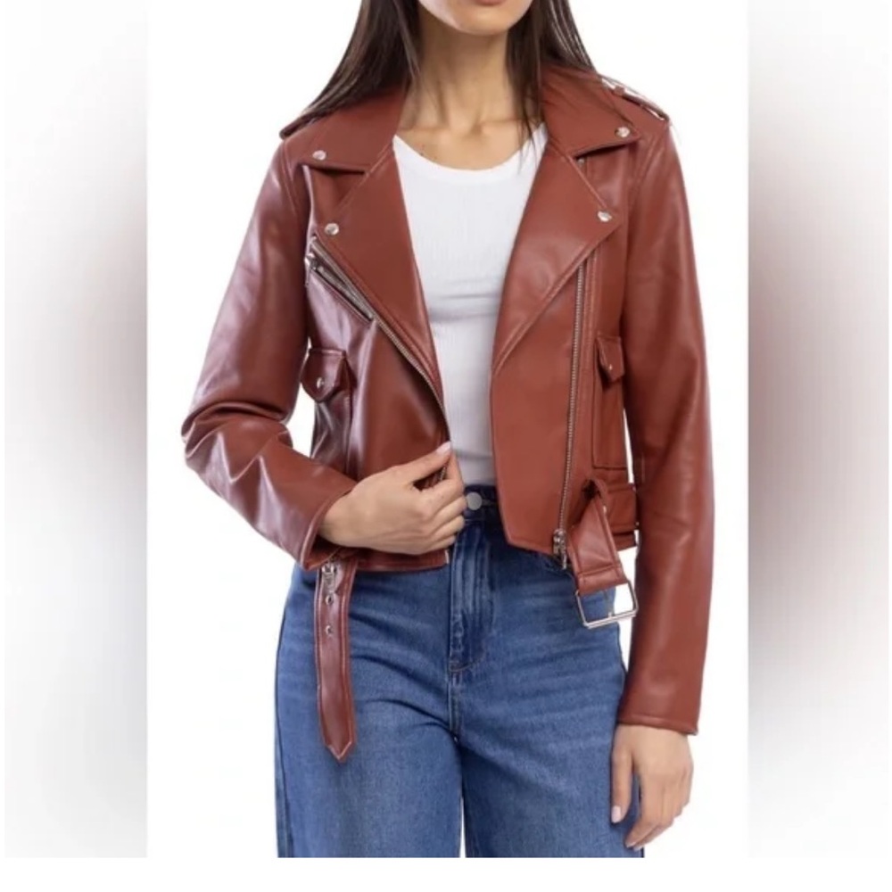 NEW BLANKNYC Faux Leather Belted Moto Jacket - Brick - Large